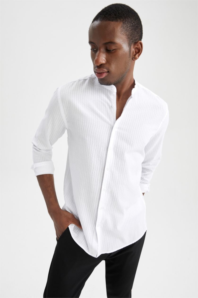 رجال أبيض قميص عصري كم طويل بياقة كبيرة