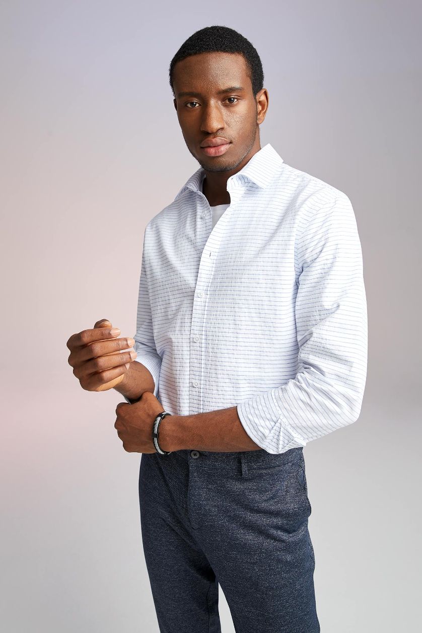 Erkek Beyaz Modern Fıt Polo Yaka Pamuklu Uzun Kollu Gömlek