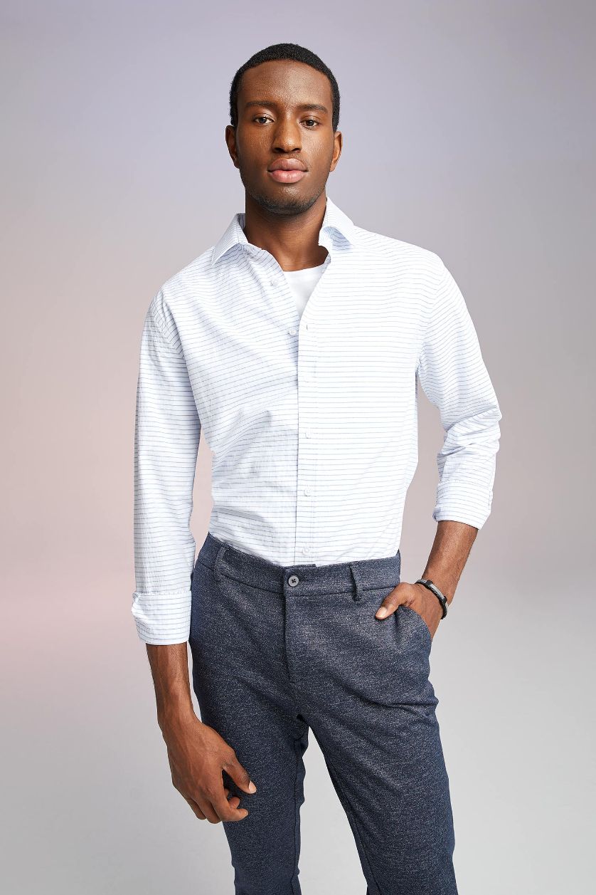 Erkek Beyaz Modern Fıt Polo Yaka Pamuklu Uzun Kollu Gömlek