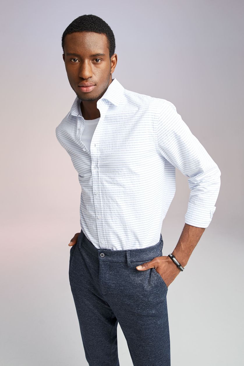 Erkek Beyaz Modern Fıt Polo Yaka Pamuklu Uzun Kollu Gömlek