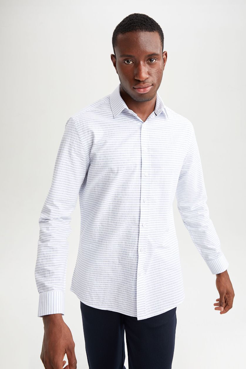 Erkek Beyaz Modern Fıt Polo Yaka Pamuklu Uzun Kollu Gömlek