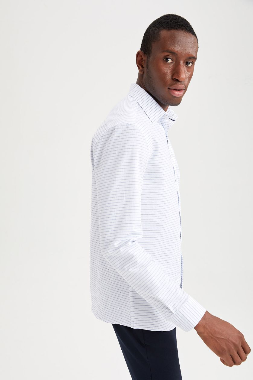 Erkek Beyaz Modern Fıt Polo Yaka Pamuklu Uzun Kollu Gömlek