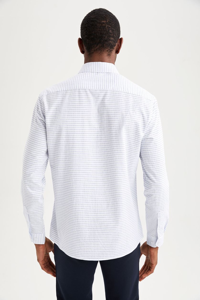 Erkek Beyaz Modern Fıt Polo Yaka Pamuklu Uzun Kollu Gömlek