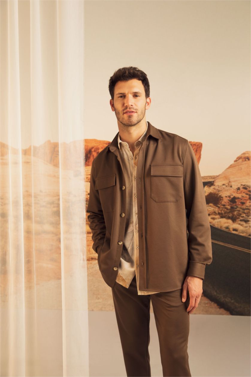 Erkek Kahve Regular Fıt Uzun Kollu Gömlek