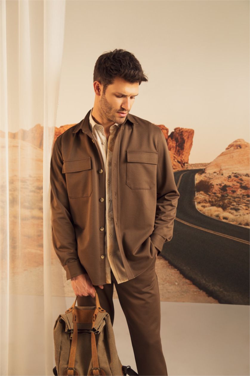 Erkek Kahve Regular Fıt Uzun Kollu Gömlek