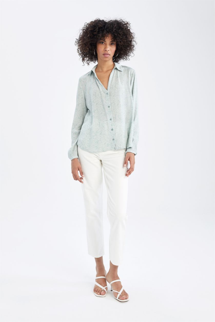 FEMME Turquoise Chemisier à manches longues en tissu froissé à motifs et col en V