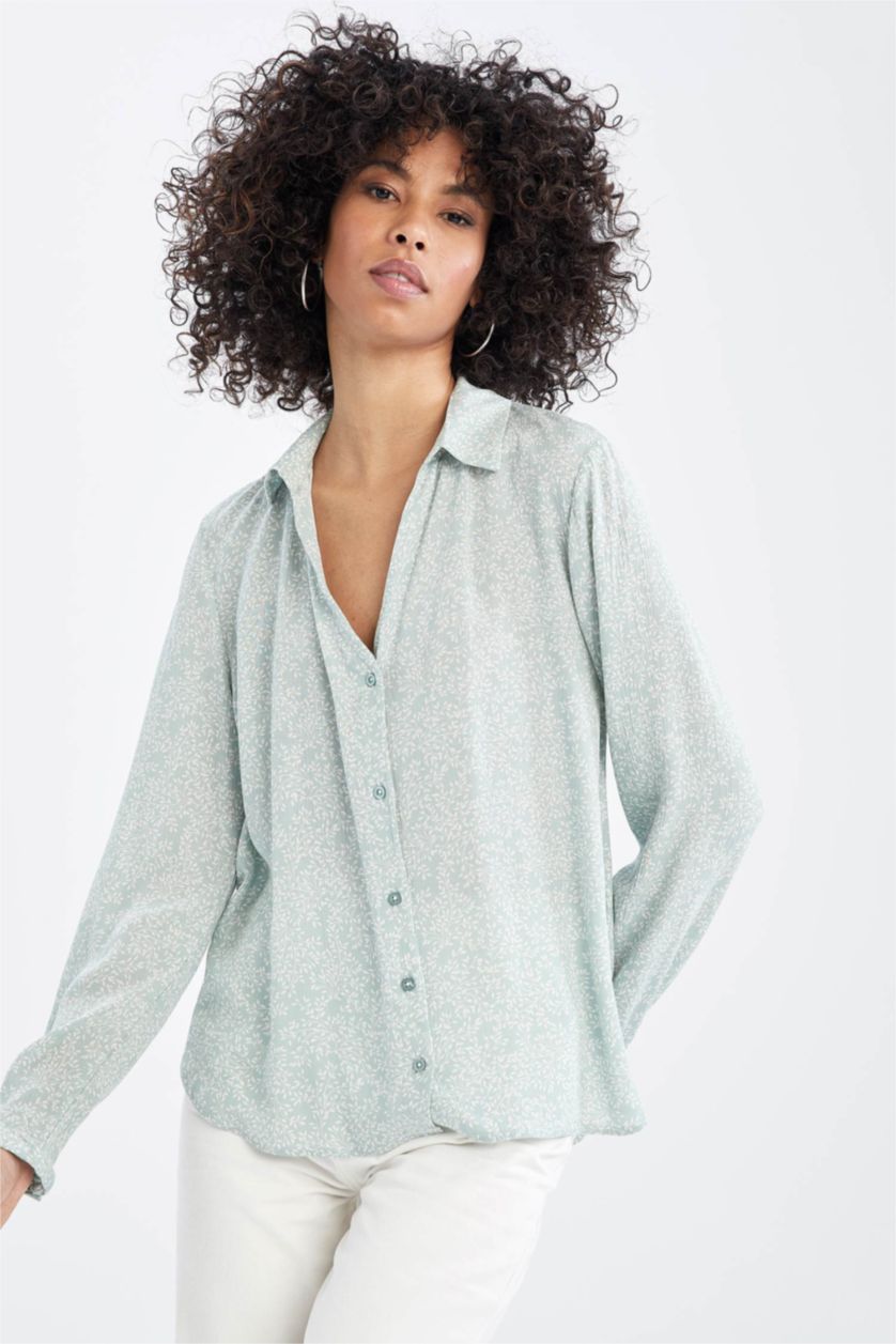 FEMME Turquoise Chemisier à manches longues en tissu froissé à motifs et col en V