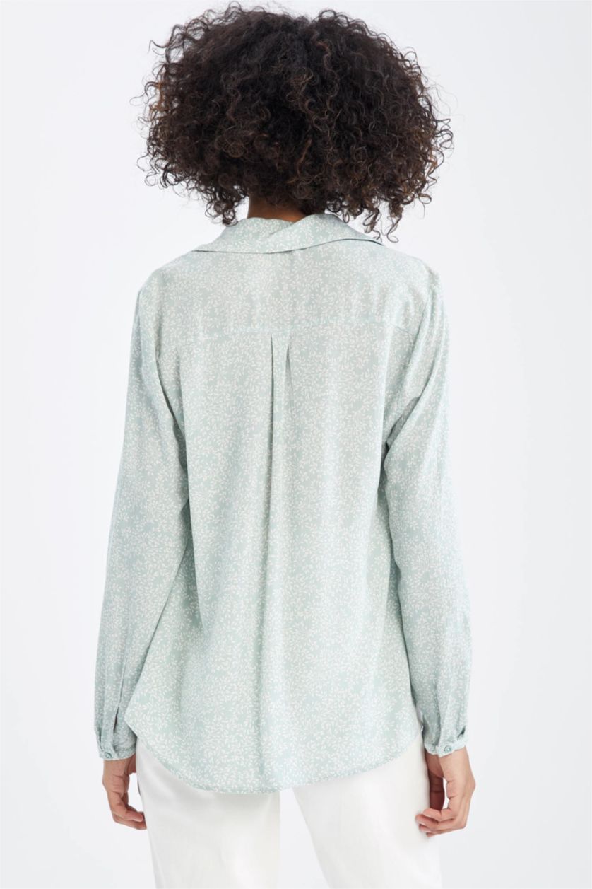 FEMME Turquoise Chemisier à manches longues en tissu froissé à motifs et col en V