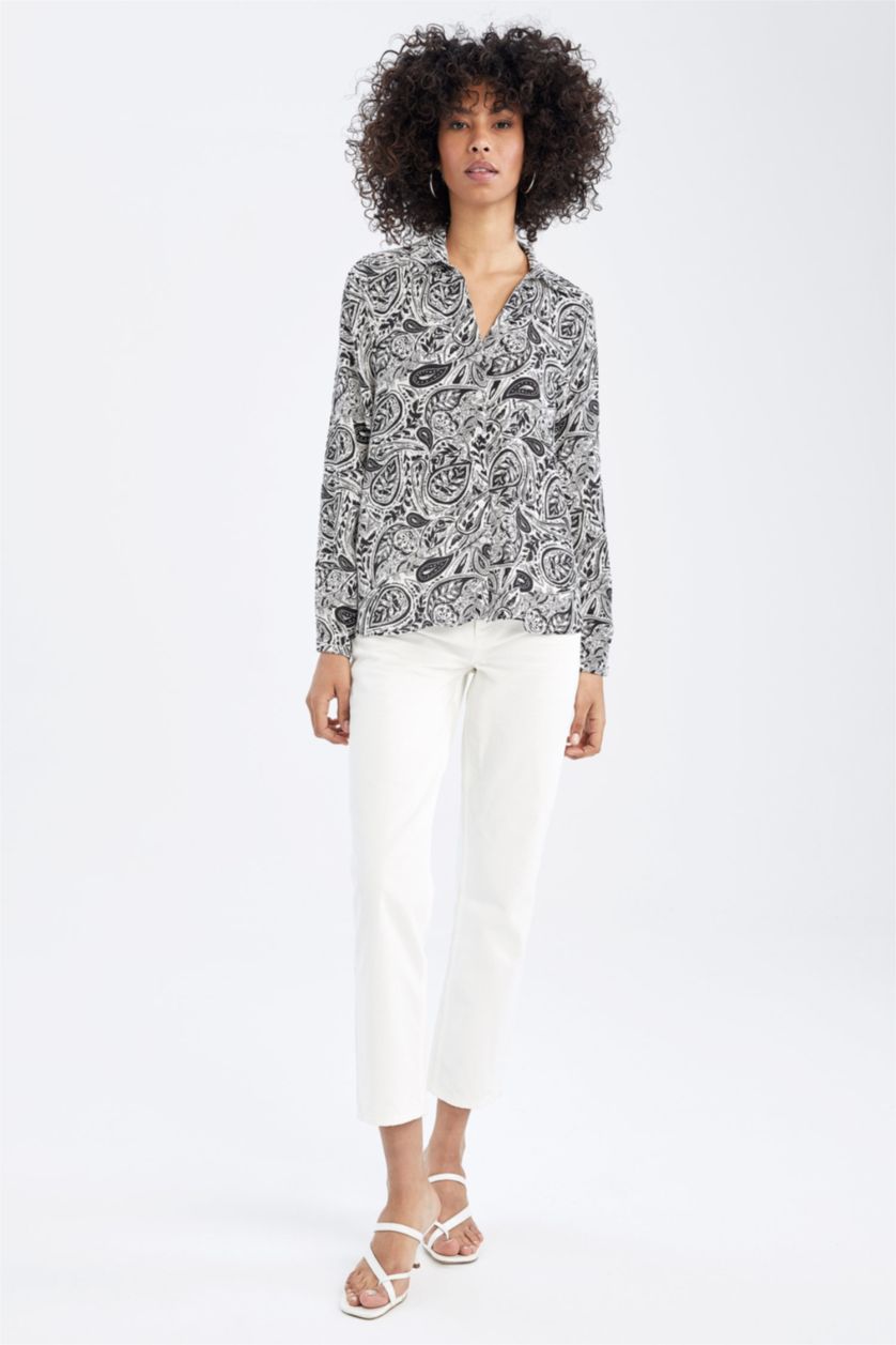 FEMME Blanc Chemisier à manches longues en tissu froissé à motifs et col en V