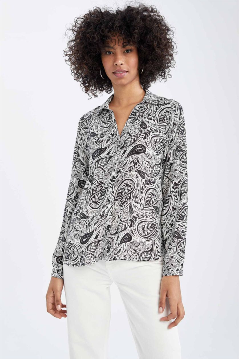 FEMME Blanc Chemisier à manches longues en tissu froissé à motifs et col en V