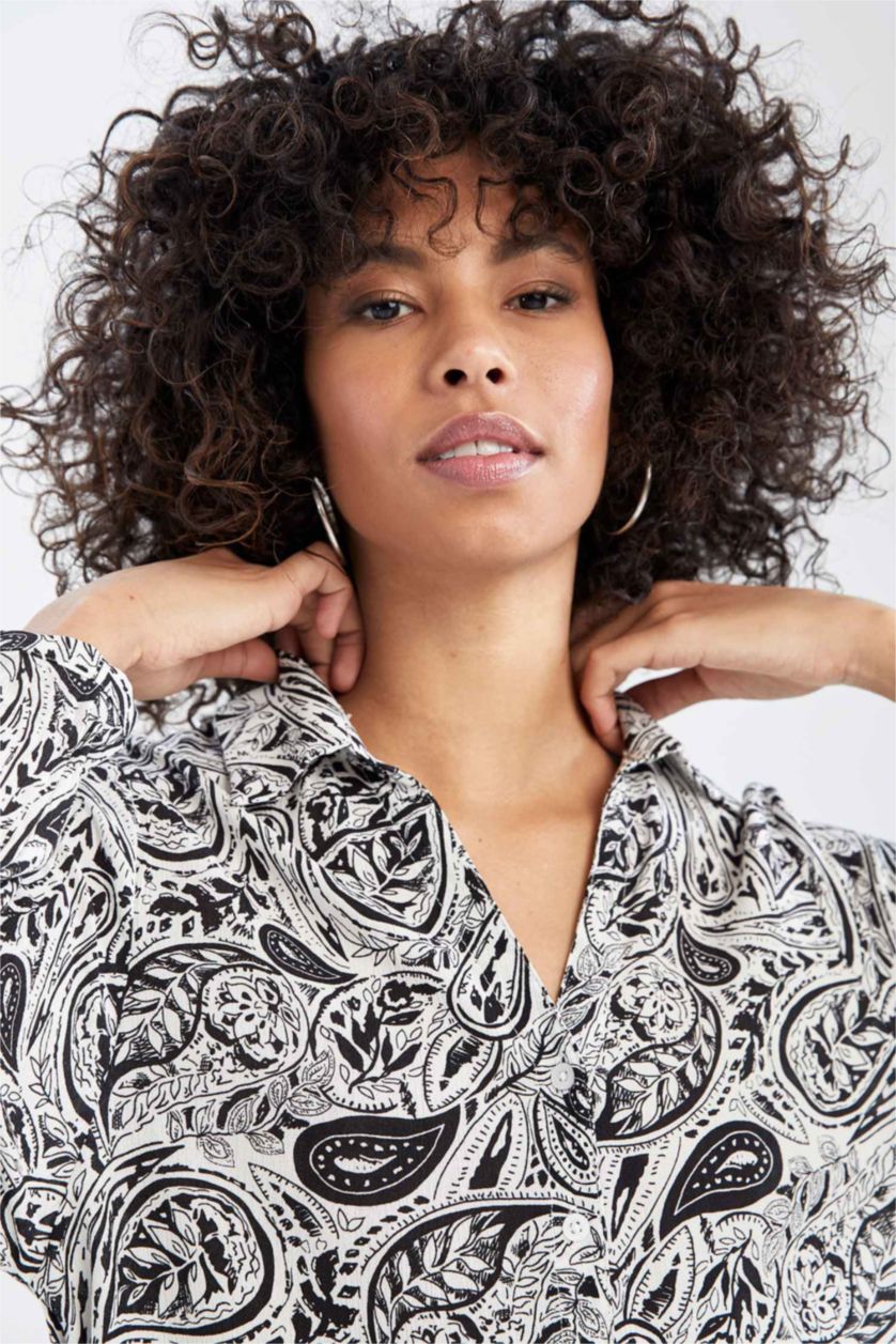 FEMME Blanc Chemisier à manches longues en tissu froissé à motifs et col en V