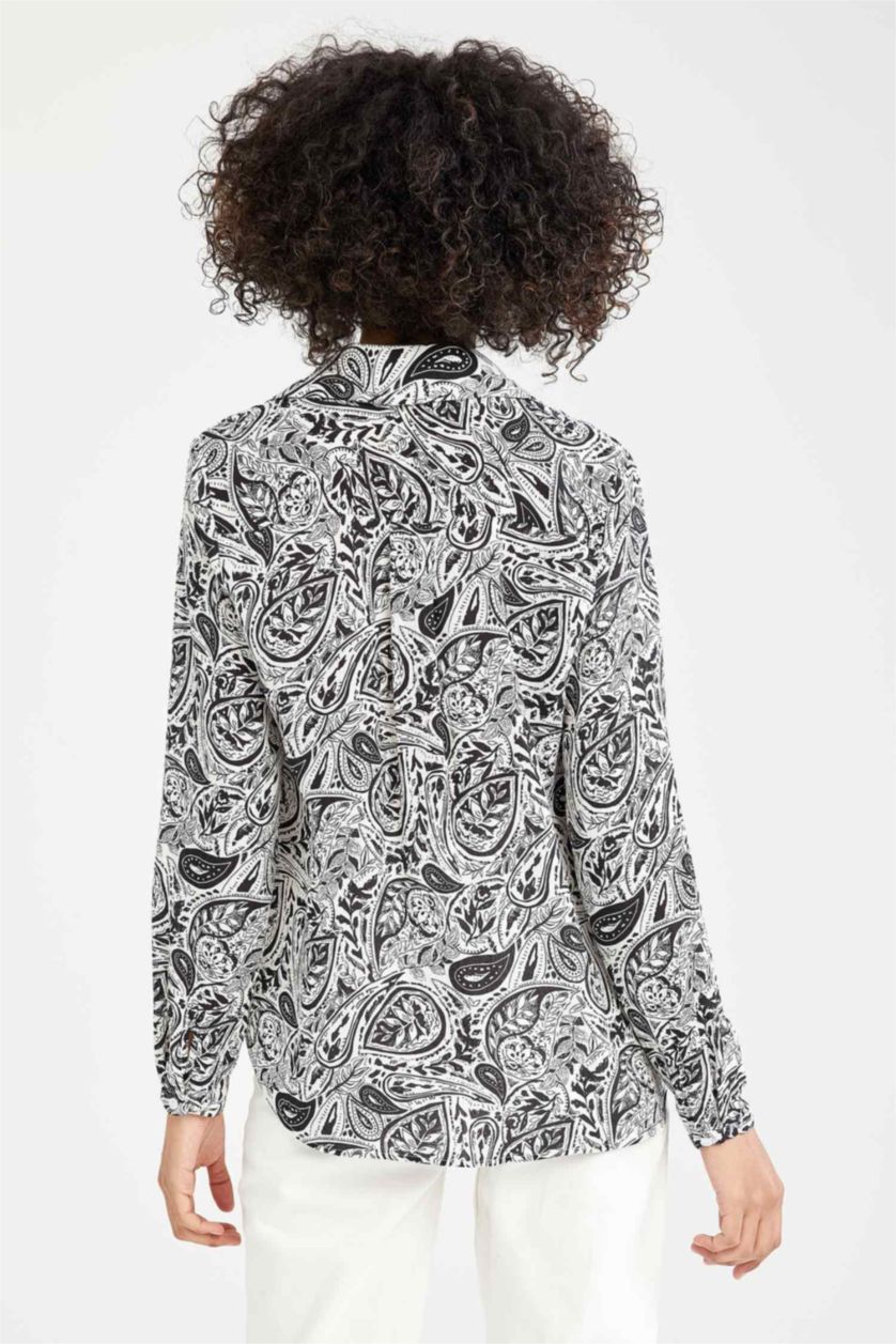 FEMME Blanc Chemisier à manches longues en tissu froissé à motifs et col en V