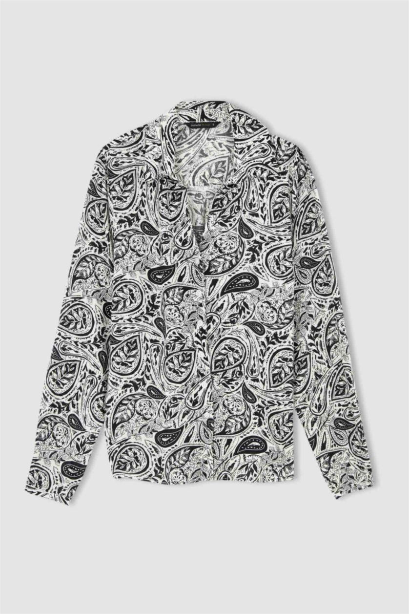 FEMME Blanc Chemisier à manches longues en tissu froissé à motifs et col en V