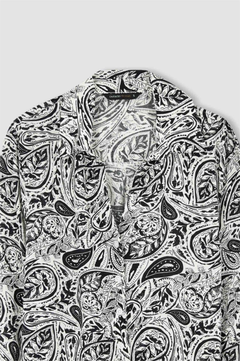 FEMME Blanc Chemisier à manches longues en tissu froissé à motifs et col en V