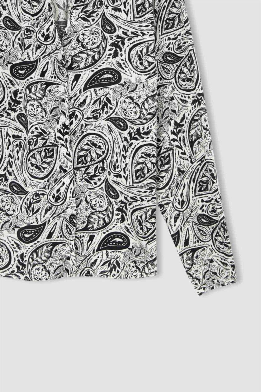 FEMME Blanc Chemisier à manches longues en tissu froissé à motifs et col en V