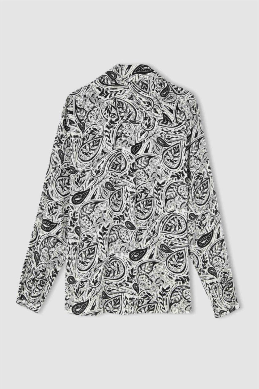 FEMME Blanc Chemisier à manches longues en tissu froissé à motifs et col en V