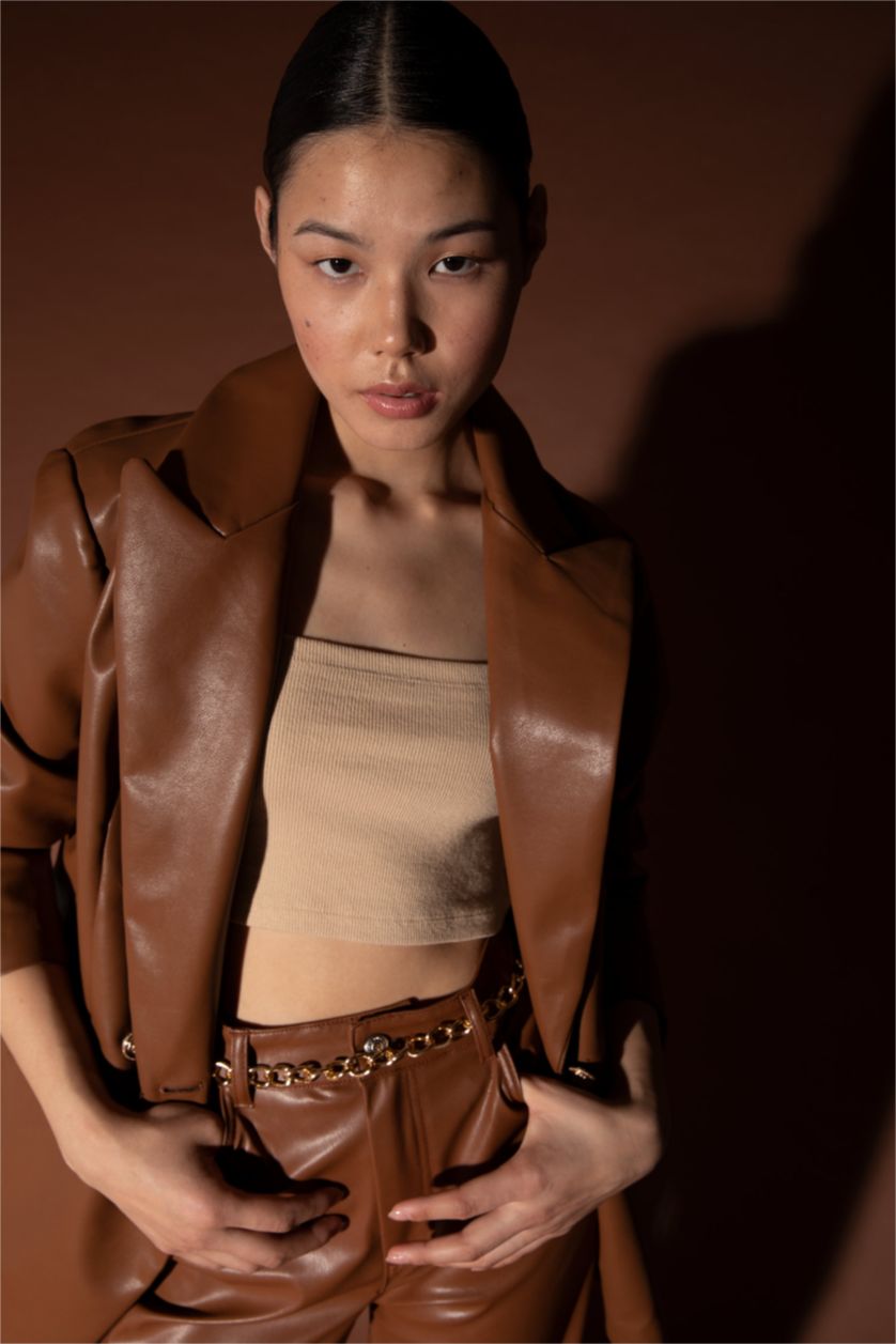 Woman Brown Relax Fit Faux Leather Faux Leather Jacket