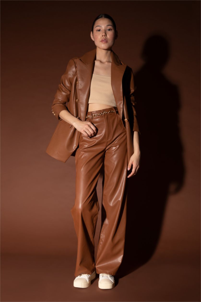 Woman Brown Relax Fit Faux Leather Faux Leather Jacket