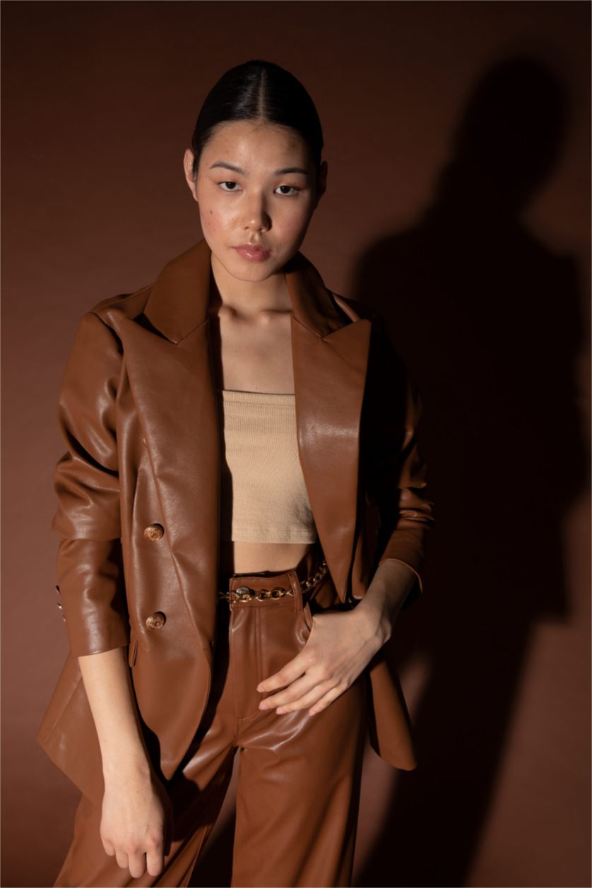 Woman Brown Relax Fit Faux Leather Faux Leather Jacket