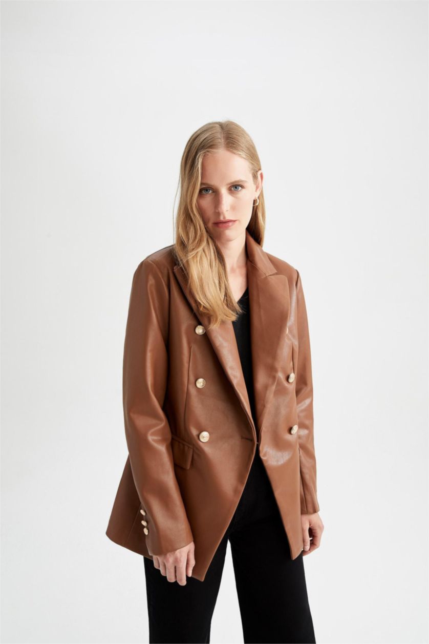Woman Brown Relax Fit Faux Leather Faux Leather Jacket