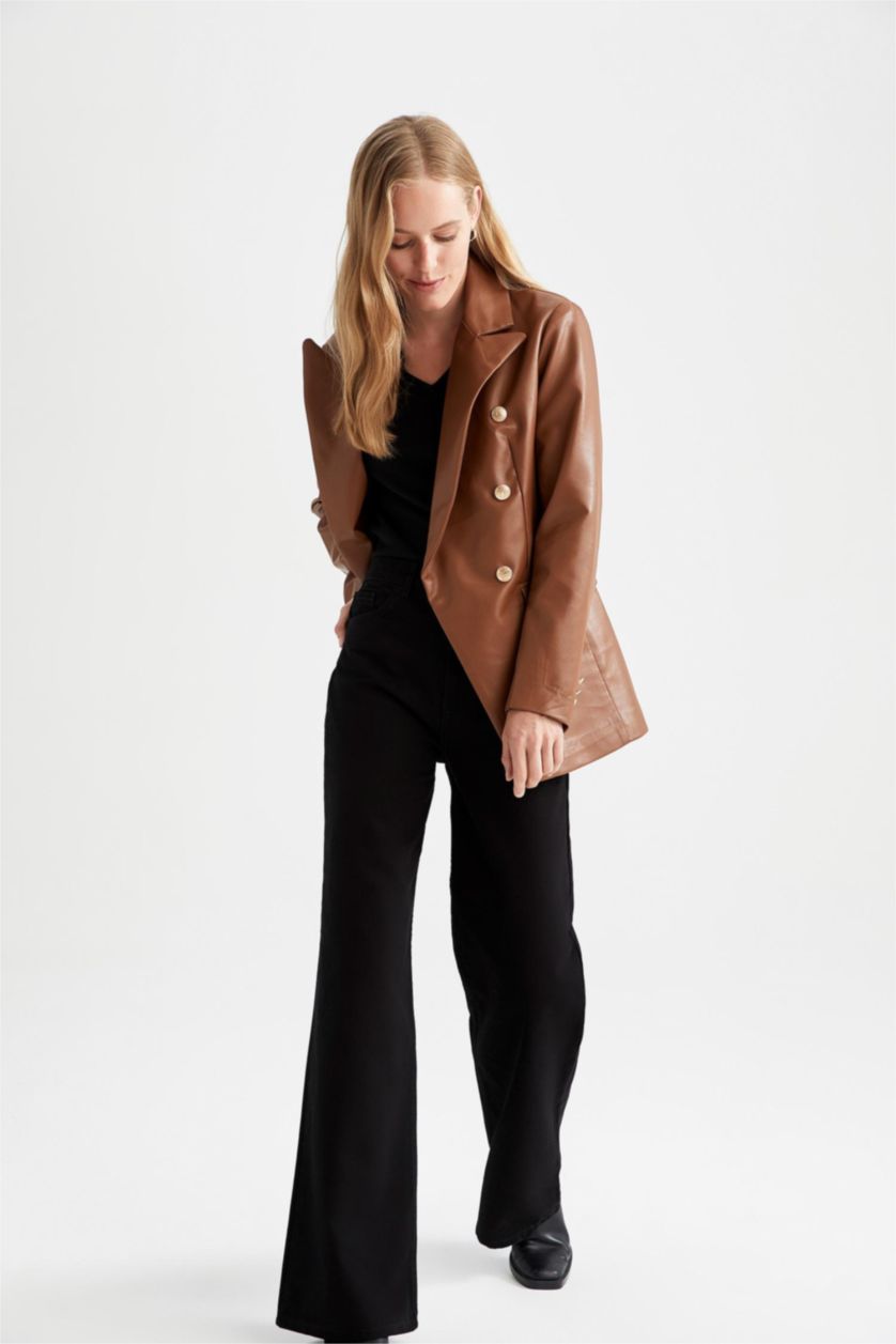Woman Brown Relax Fit Faux Leather Faux Leather Jacket