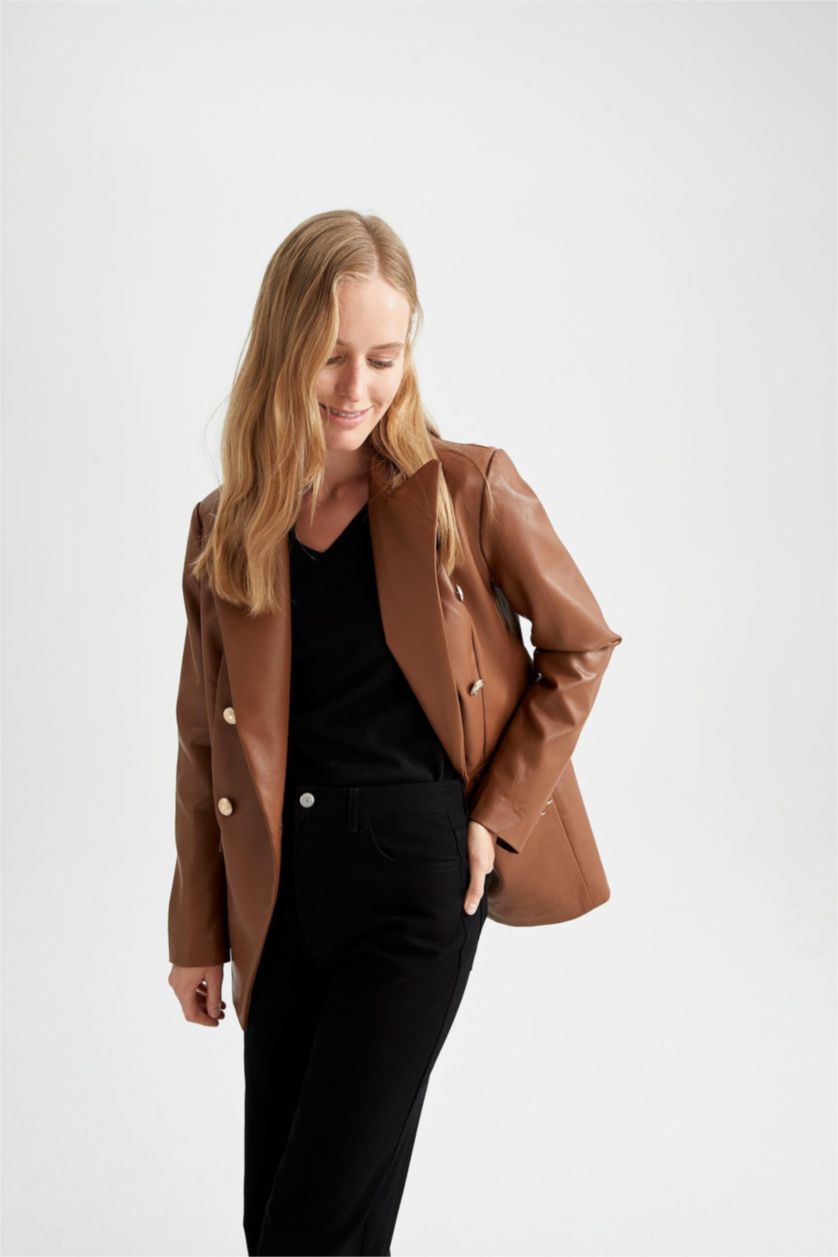 Woman Brown Relax Fit Faux Leather Faux Leather Jacket