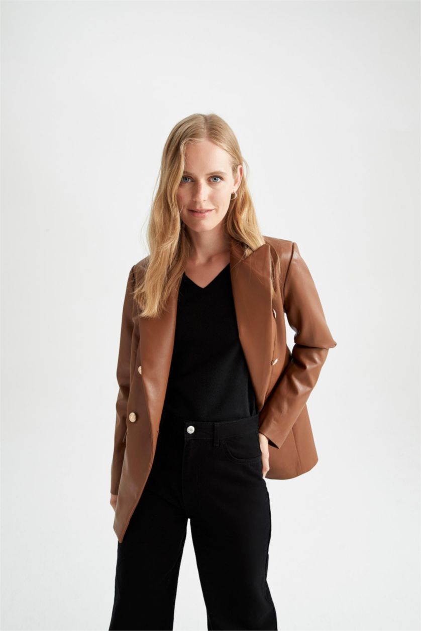 Woman Brown Relax Fit Faux Leather Faux Leather Jacket