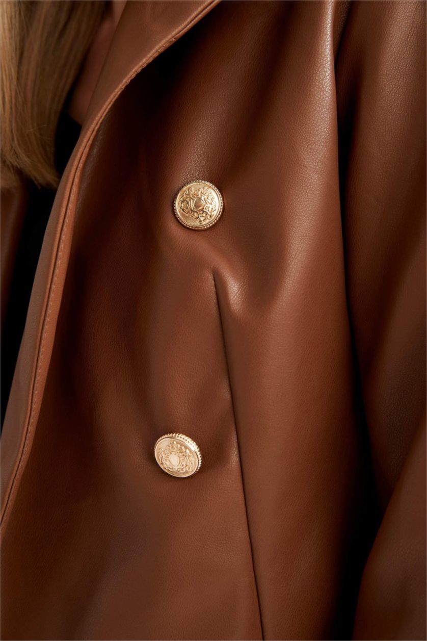 Woman Brown Relax Fit Faux Leather Faux Leather Jacket