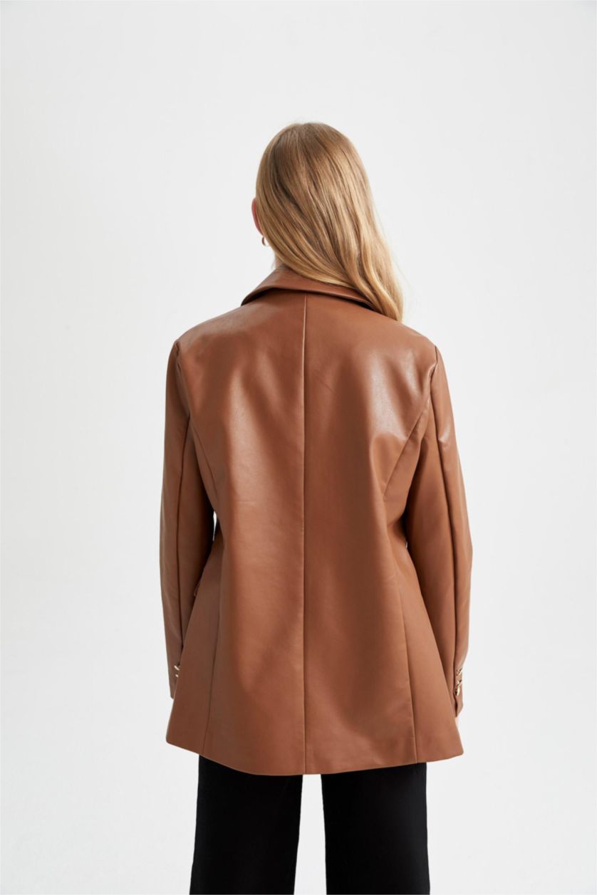 Woman Brown Relax Fit Faux Leather Faux Leather Jacket