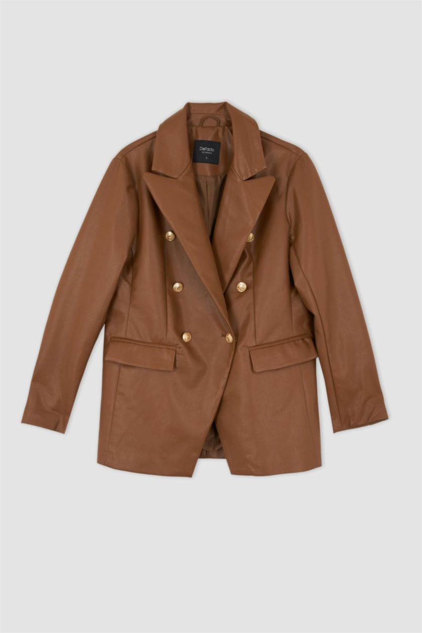 Woman Brown Relax Fit Faux Leather Faux Leather Jacket