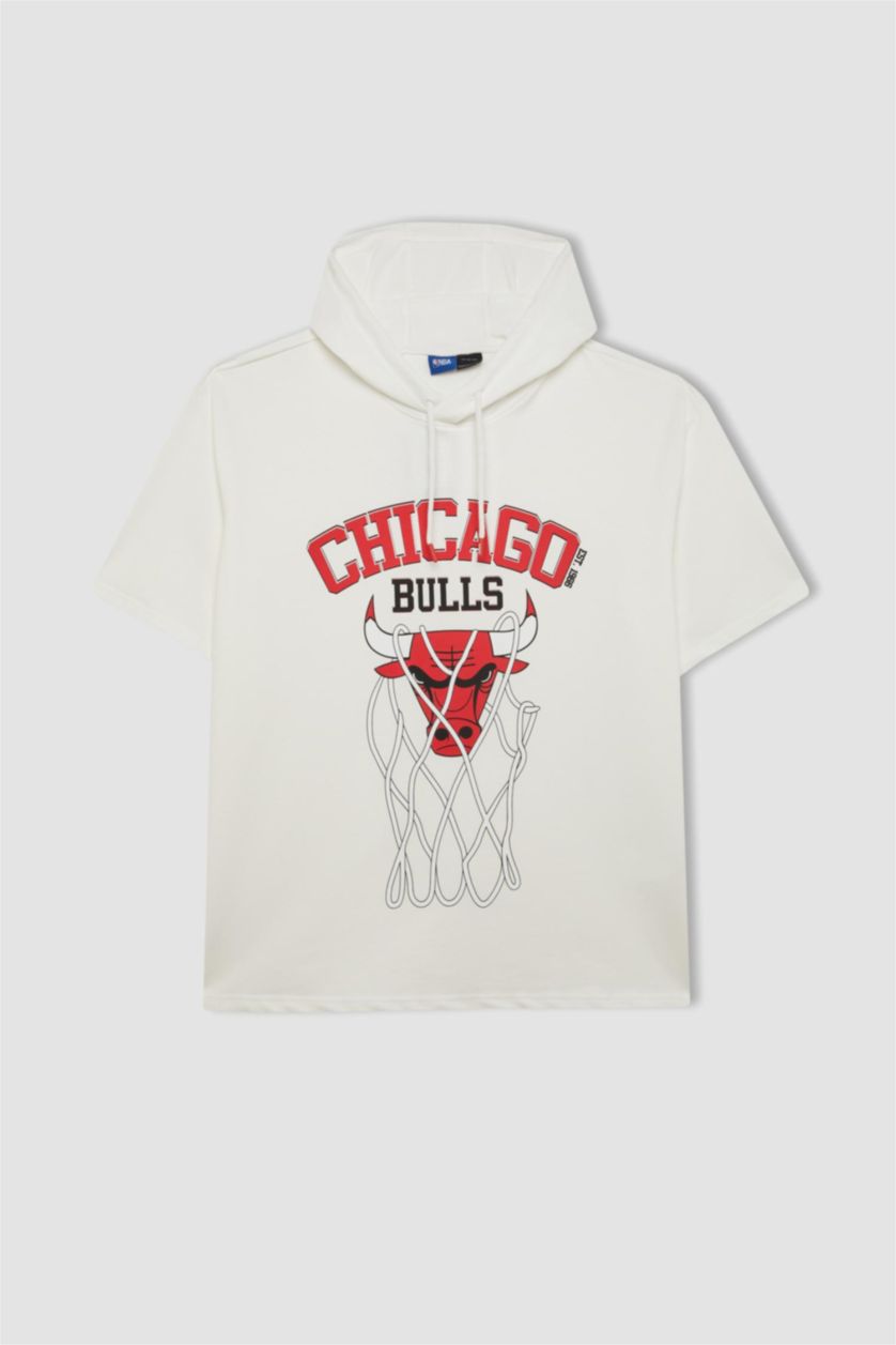 Erkek Ekru NBA Chicago Bulls Oversize Geniş Kalıp Kapüşonlu Kısa Kollu Tişört