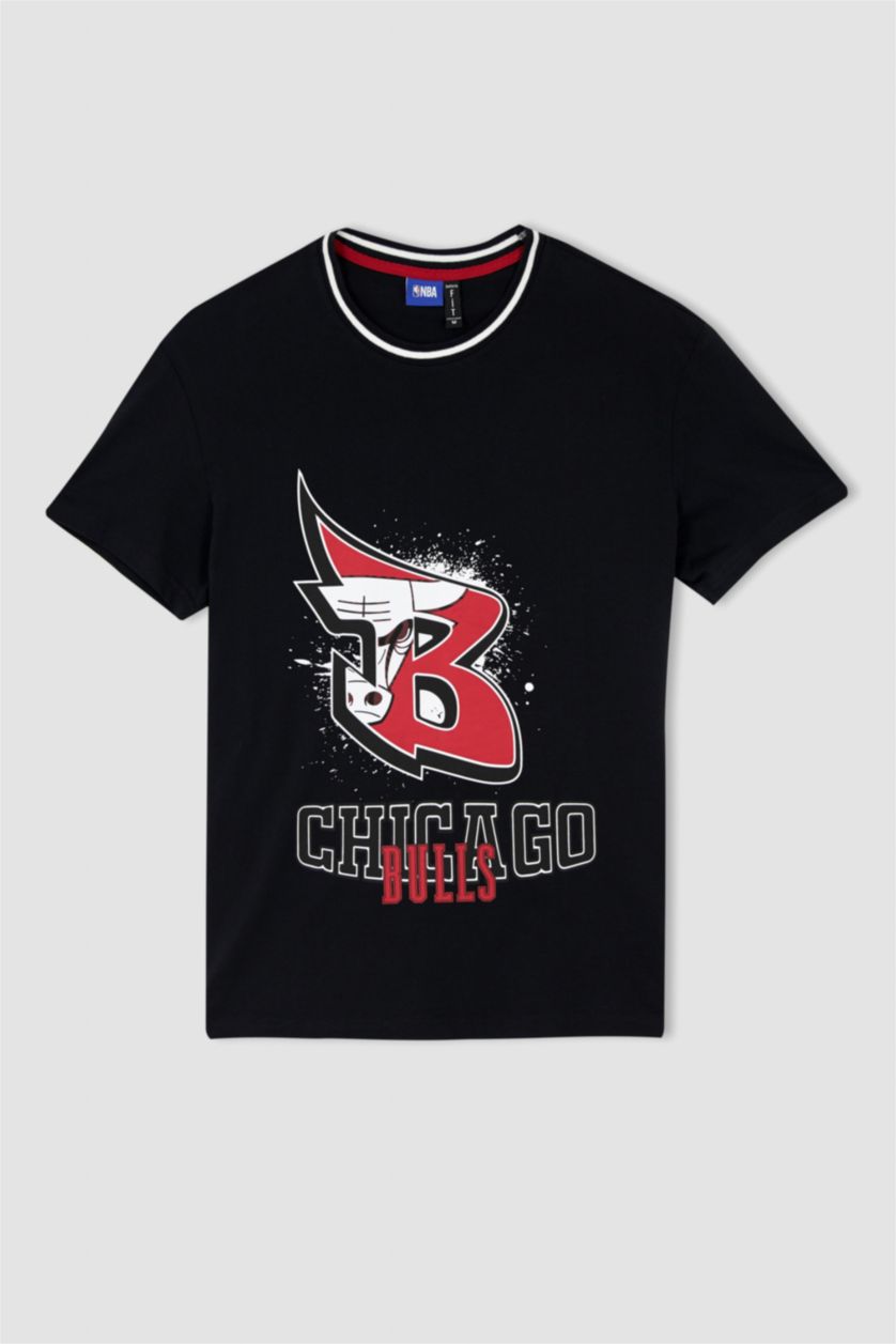 HOMME Noir Defacto Fit NBA Chicago Bulls T-shirt à col ras du cou coupe régulière sous licence