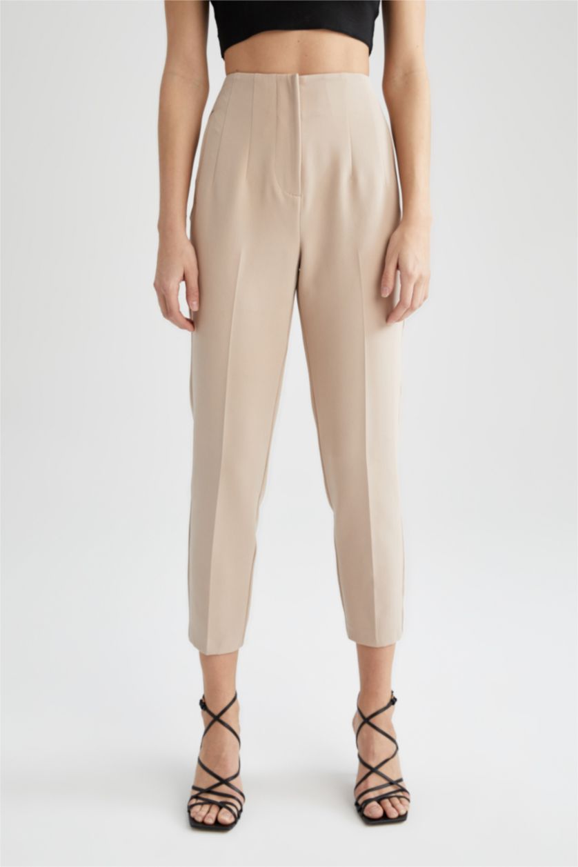 FEMME Beige Pantalon taille haute coupe slim