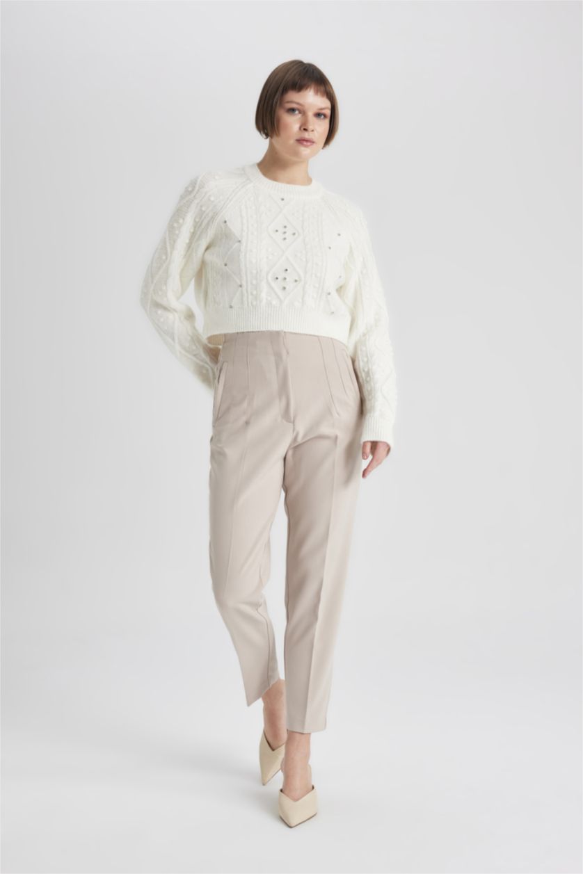 Женщины Светлая слоновая кость Брюки приталенного кроя с высокой талией