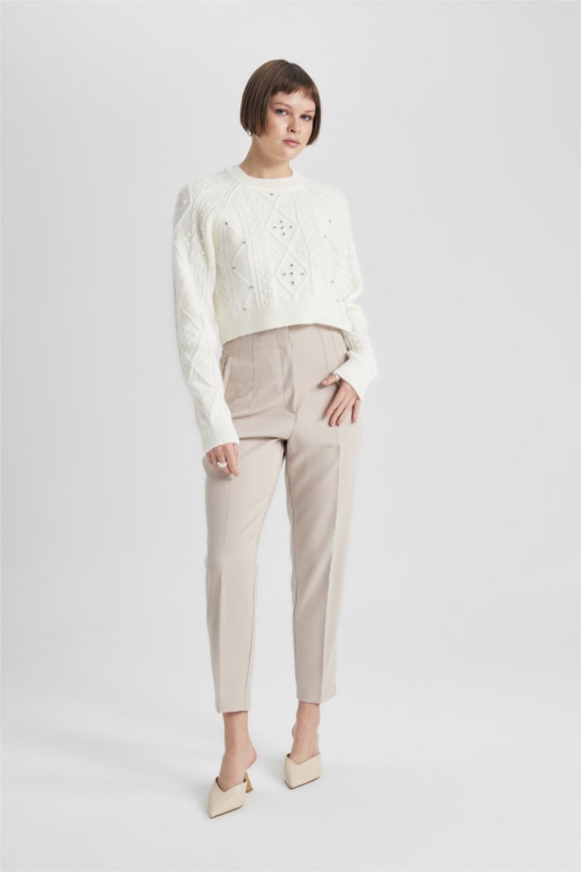 Женщины Светлая слоновая кость Брюки приталенного кроя с высокой талией