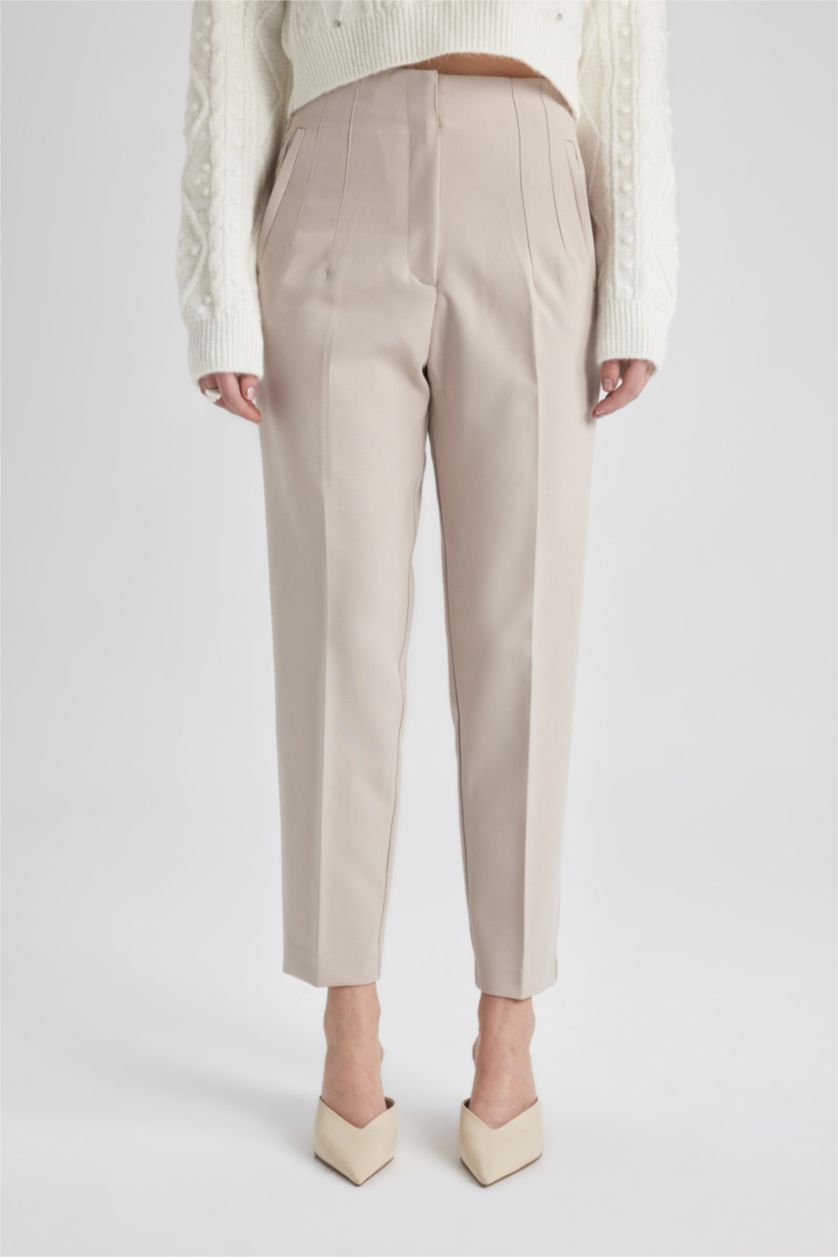 Женщины Светлая слоновая кость Брюки приталенного кроя с высокой талией