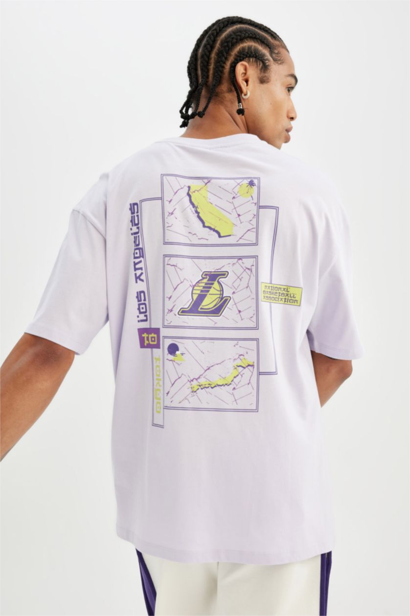 HOMME Violet Clair T-Shirt Oversize Manches Courtes Col Rond de NBA Los Angeles Lakers DeFactoFit