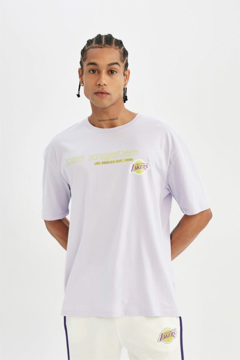 HOMME Violet Clair T-Shirt Oversize Manches Courtes Col Rond de NBA Los Angeles Lakers DeFactoFit
