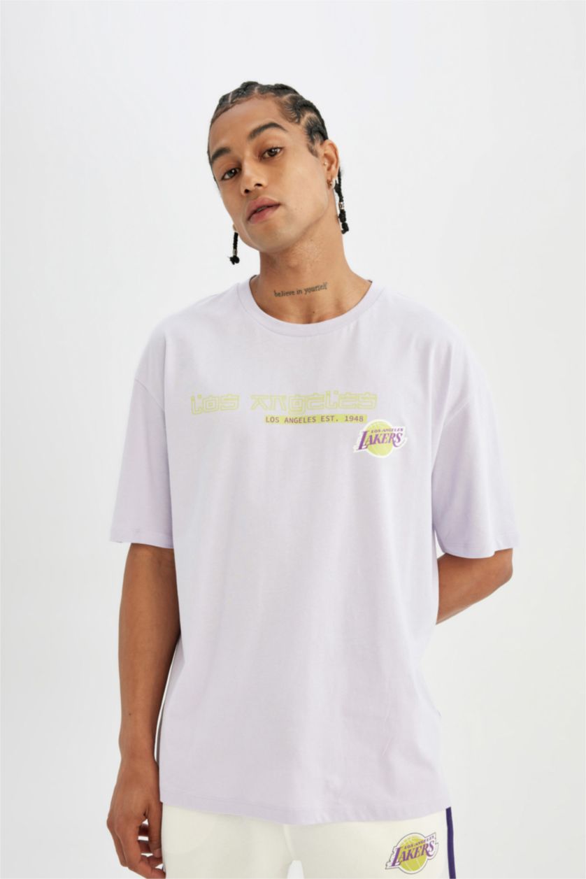 HOMME Violet Clair T-Shirt Oversize Manches Courtes Col Rond de NBA Los Angeles Lakers DeFactoFit