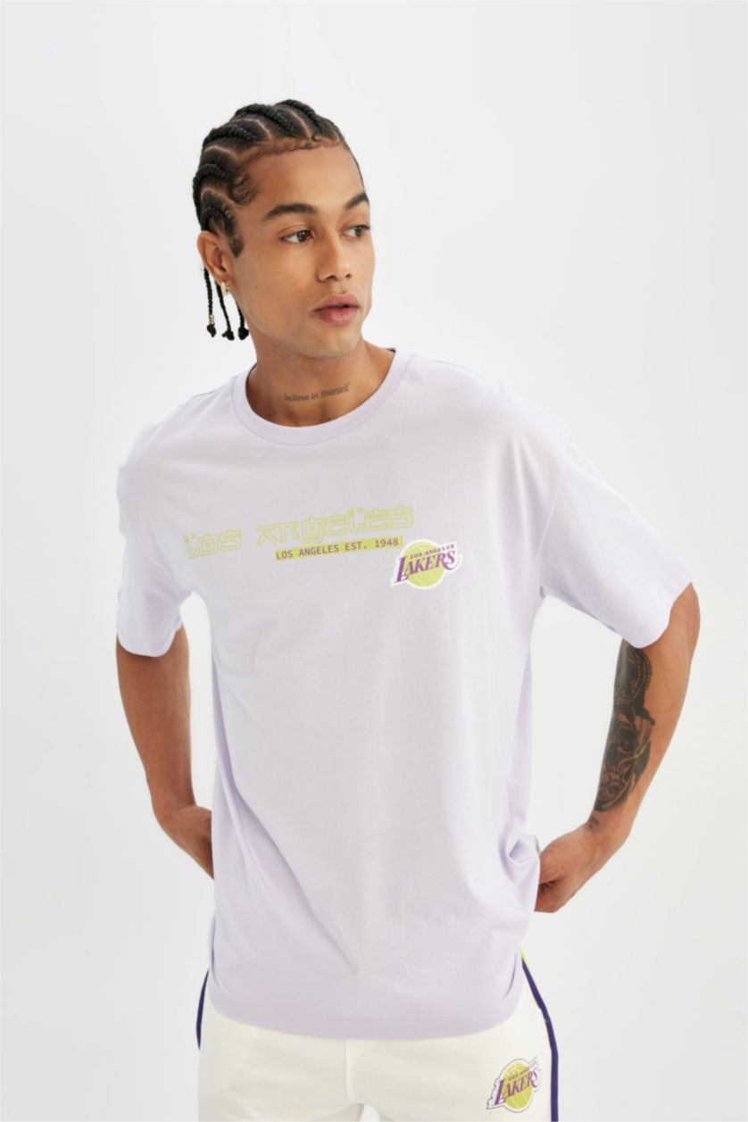 HOMME Violet Clair T-Shirt Oversize Manches Courtes Col Rond de NBA Los Angeles Lakers DeFactoFit