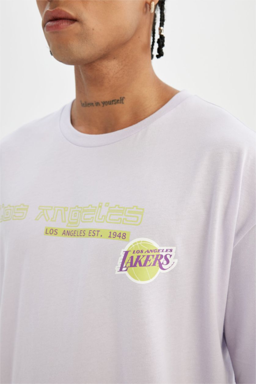 HOMME Violet Clair T-Shirt Oversize Manches Courtes Col Rond de NBA Los Angeles Lakers DeFactoFit
