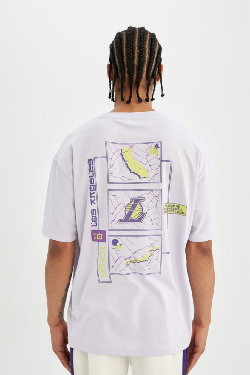 HOMME Violet Clair T-Shirt Oversize Manches Courtes Col Rond de NBA Los Angeles Lakers DeFactoFit
