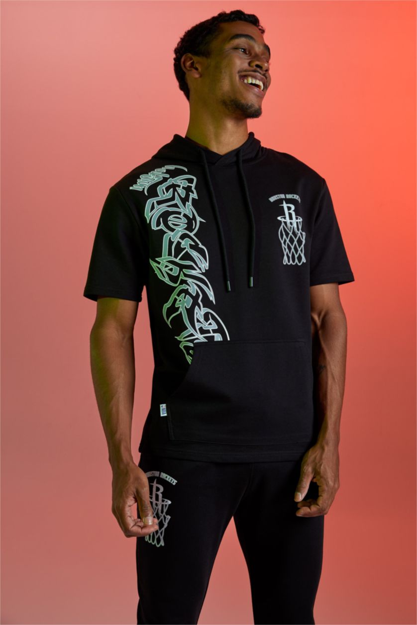 Erkek Siyah Regular Fit Sweatshirt Kumaşı Kısa Kollu Tişört