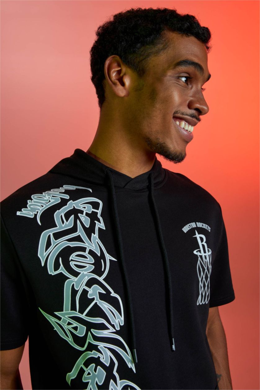 Erkek Siyah Regular Fit Sweatshirt Kumaşı Kısa Kollu Tişört