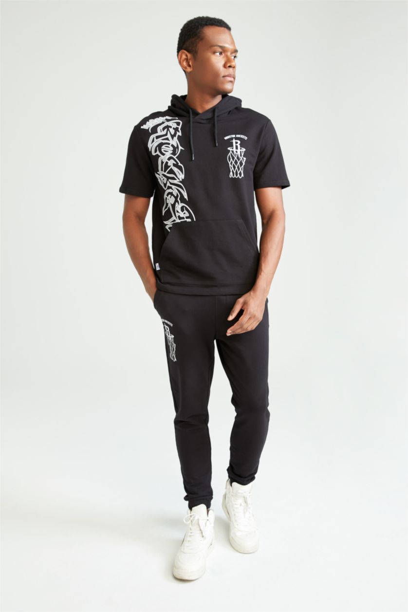 Erkek Siyah Regular Fit Sweatshirt Kumaşı Kısa Kollu Tişört