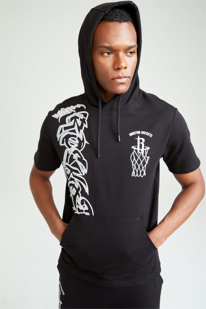 Erkek Siyah Regular Fit Sweatshirt Kumaşı Kısa Kollu Tişört