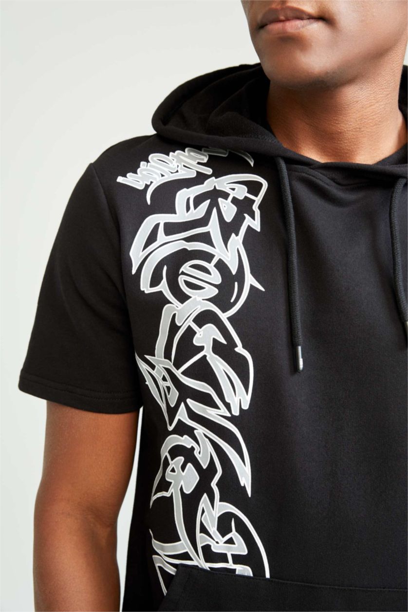 Erkek Siyah Regular Fit Sweatshirt Kumaşı Kısa Kollu Tişört