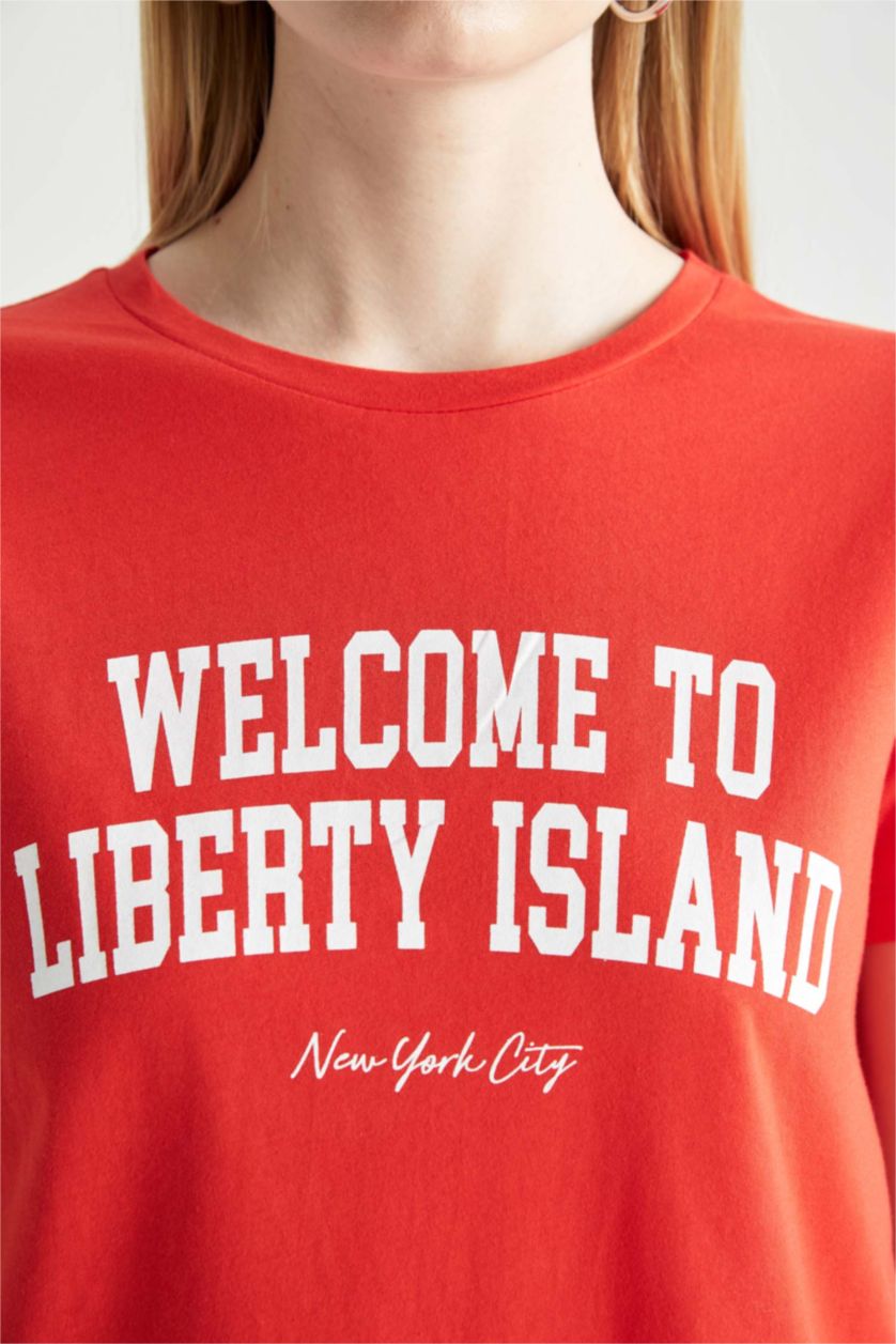 نساء أحمر تي شيرت قطن مطبوع بشعار وقصة عادية