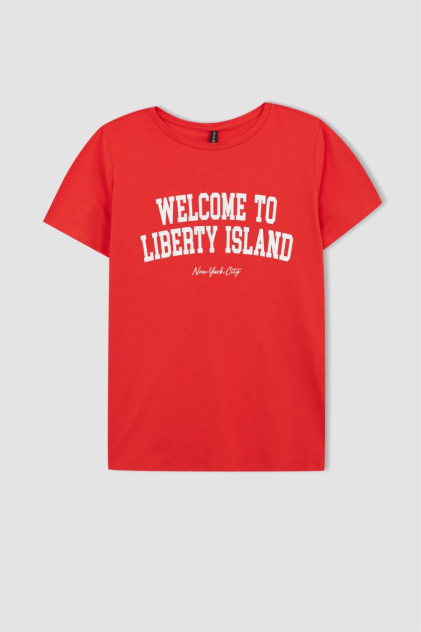 نساء أحمر تي شيرت قطن مطبوع بشعار وقصة عادية