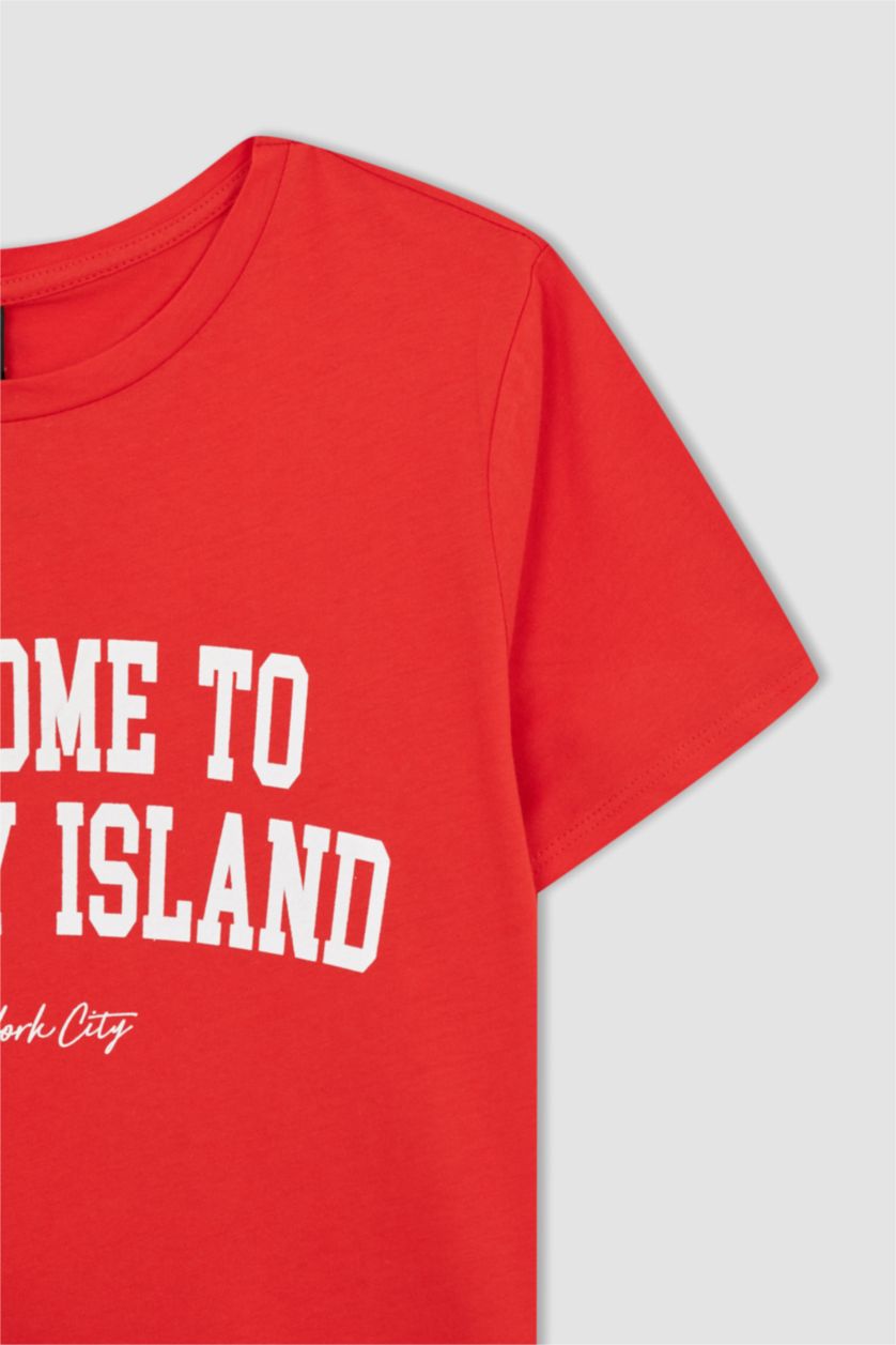 نساء أحمر تي شيرت قطن مطبوع بشعار وقصة عادية